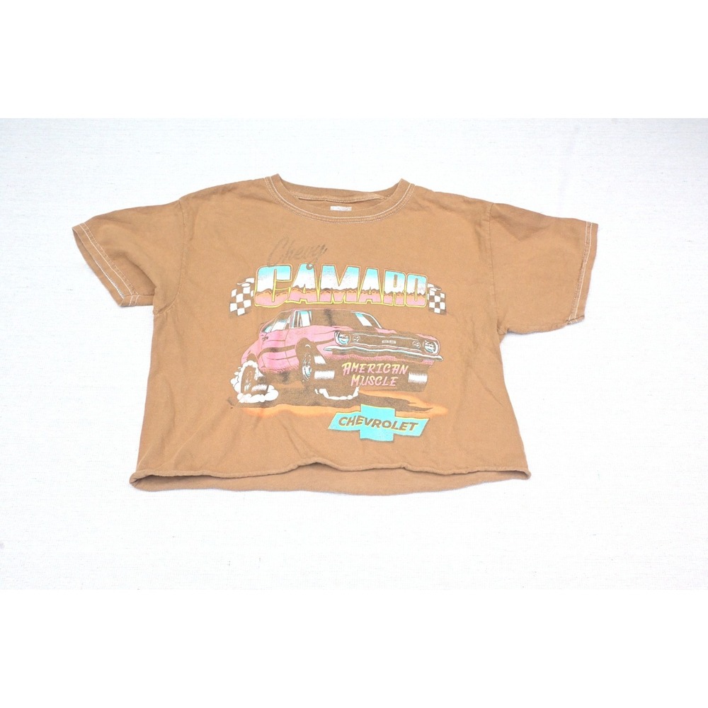 Chevy Camaro Womens XS Brown 100% Cotton Crop Tee Raw Hem American Muscle Bold